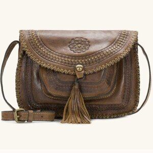 Patricia Nash Tan Leather Crossbody Bag Beaumont Distressed Tooled Tassel Flap
